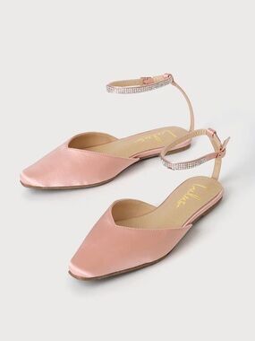 Lulu's Blush Pink Satin Pointed D'Orsay Flats with Crystal Ankle Straps